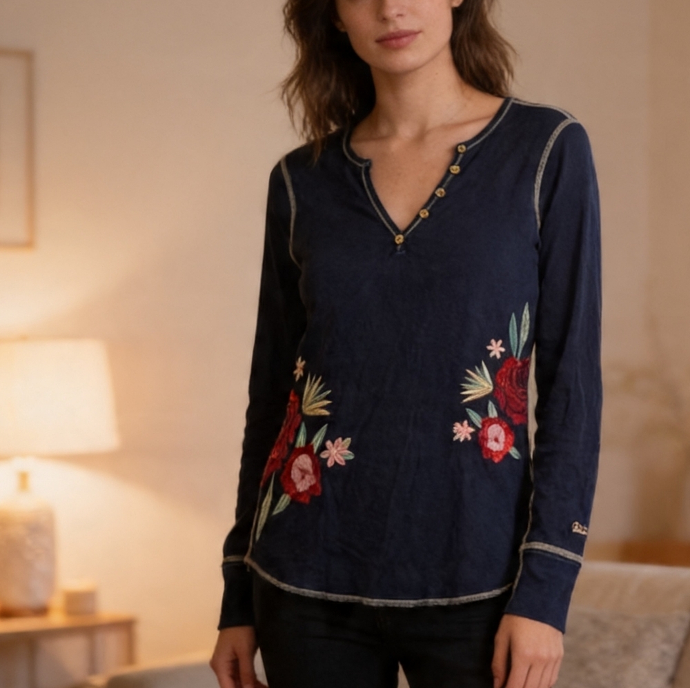 Alp N Rock Embroidered Floral Long Sleeve Top Navy Henley Boho Luxe Size M